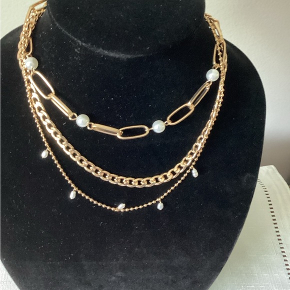 White Pearl Layered Gold Tone Necklace - Picture 1 of 3